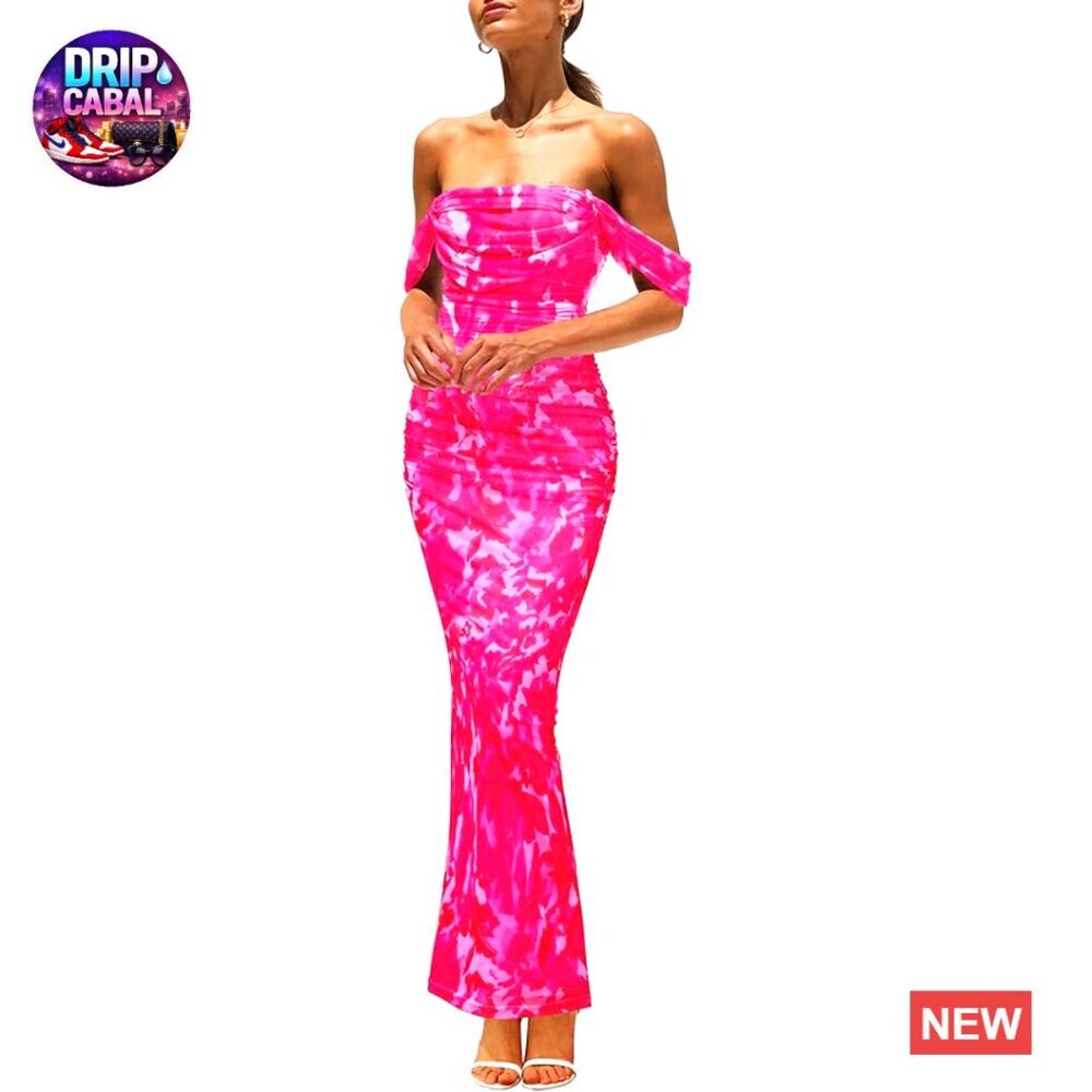 Polyester Elastane Mesh Off Shoulder Ruched Bodycon Maxi Dress